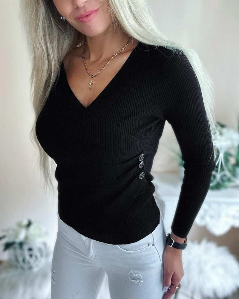 V Neck Ruched Side Button Decor Knit Sweater Slim Fit Pullover Top