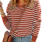 Red Striped Print Ribbed Trim Long Sleeve Top