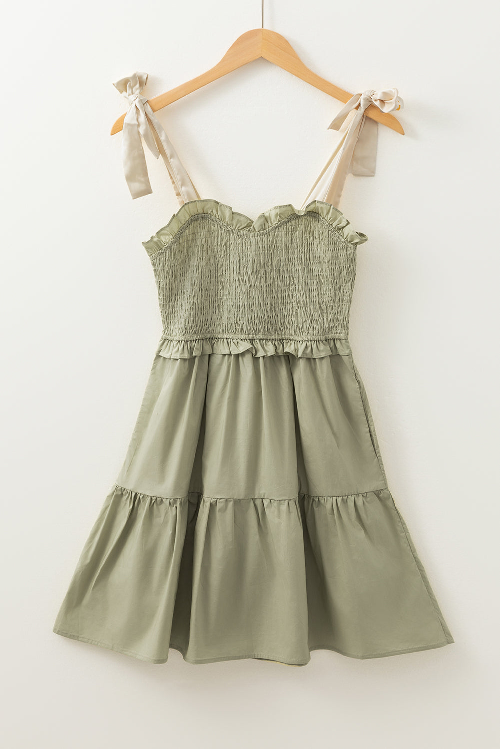 Laurel Green Smocked Bodice Self-tie Straps A-line Ruffled Mini Dress