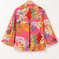 Red Abstract Floral Print Buttoned Ruffled Bubble Sleeve Shirt