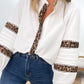 Leopard Frill Hem Stand Collar Hollow out Long Sleeve Front Button Blouse Casual Shirts