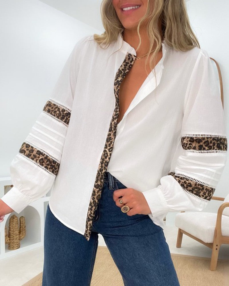 Leopard Frill Hem Stand Collar Hollow out Long Sleeve Front Button Blouse Casual Shirts