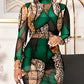 2 Piece Leopard Print Mock Neck Long Sleeve Mid Calf Dress Sheer Mesh Party Dress with Short Pants