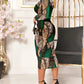 2 Piece Leopard Print Mock Neck Long Sleeve Mid Calf Dress Sheer Mesh Party Dress with Short Pants