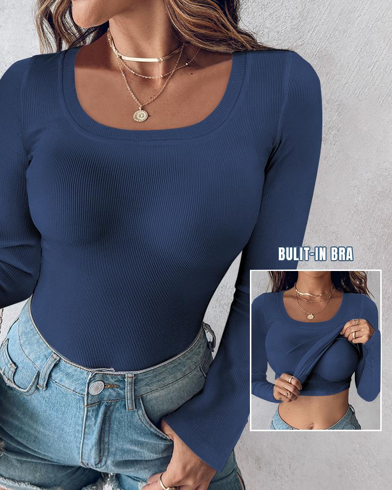 U Neck Built in Bra Long Sleeve Ribbed Top