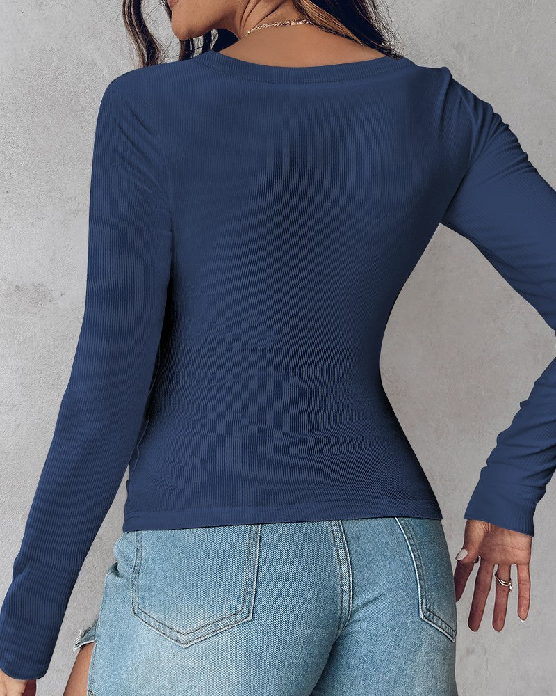 U Neck Built in Bra Long Sleeve Ribbed Top