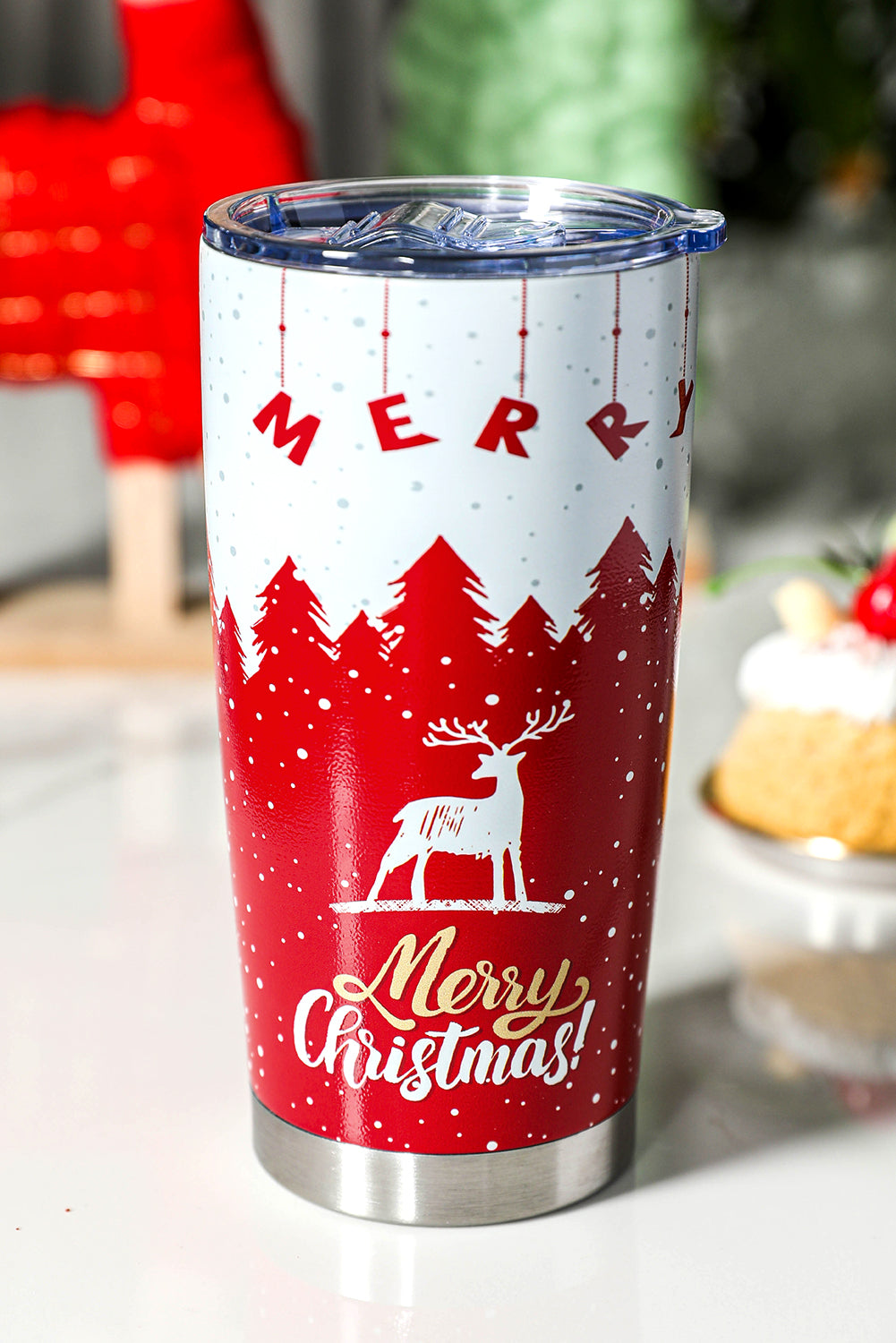 Fiery Red Christmas Tree Elk Print Stainless Steel Tumbler 20 OZ