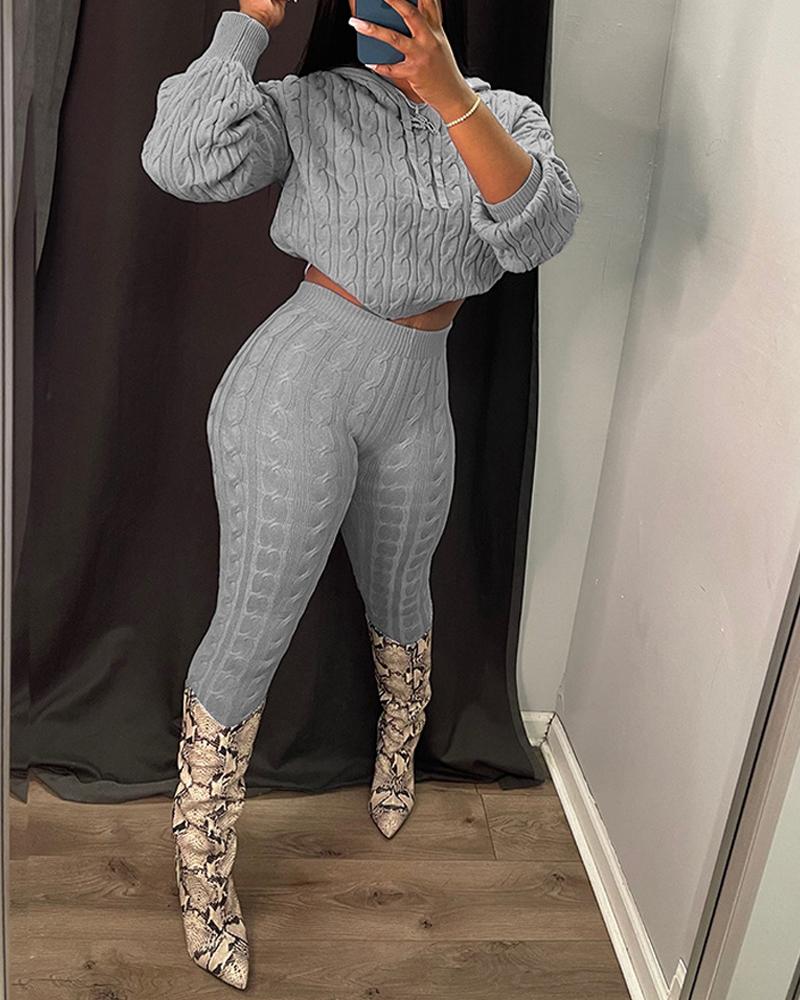 Long Sleeve Cable Knit Hooded Sweater & Pants Set