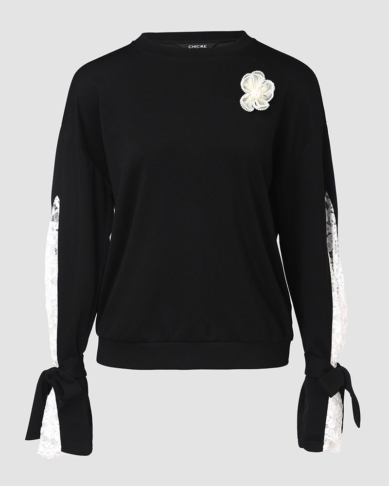 Colorblock Floral Pattern Tied Long Sleeve Lace Patch Sweatshirt