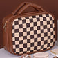 Black Checkered Multiple Compartments PU Leather Cosmetic Bag