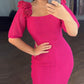 Rose Decor Square Neck Puff Sleeve Front Slitl Slim Fit Mid Calf Dress Elegant Bodycon