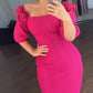 Rose Decor Square Neck Puff Sleeve Front Slitl Slim Fit Mid Calf Dress Elegant Bodycon