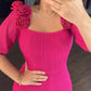 Rose Decor Square Neck Puff Sleeve Front Slitl Slim Fit Mid Calf Dress Elegant Bodycon