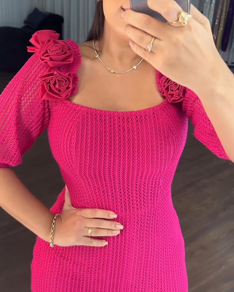 Rose Decor Square Neck Puff Sleeve Front Slitl Slim Fit Mid Calf Dress Elegant Bodycon