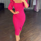 Rose Decor Square Neck Puff Sleeve Front Slitl Slim Fit Mid Calf Dress Elegant Bodycon