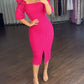 Rose Decor Square Neck Puff Sleeve Front Slitl Slim Fit Mid Calf Dress Elegant Bodycon