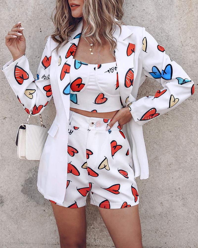 Heart Letter Print Cami Top & Shorts Set With Blazer Coat