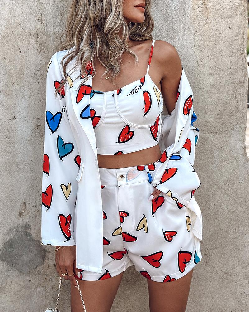 Heart Letter Print Cami Top & Shorts Set With Blazer Coat