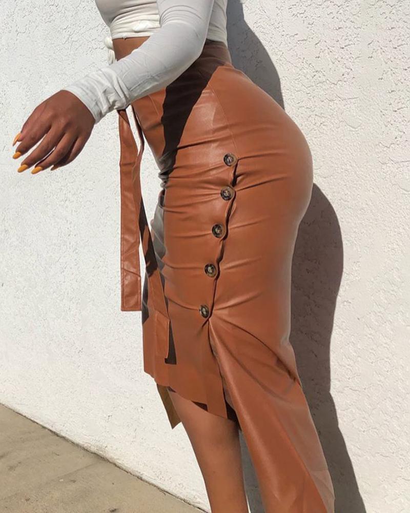 Buttoned Slit PU Leather Midi Chocolate Skirt