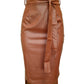 Buttoned Slit PU Leather Midi Chocolate Skirt