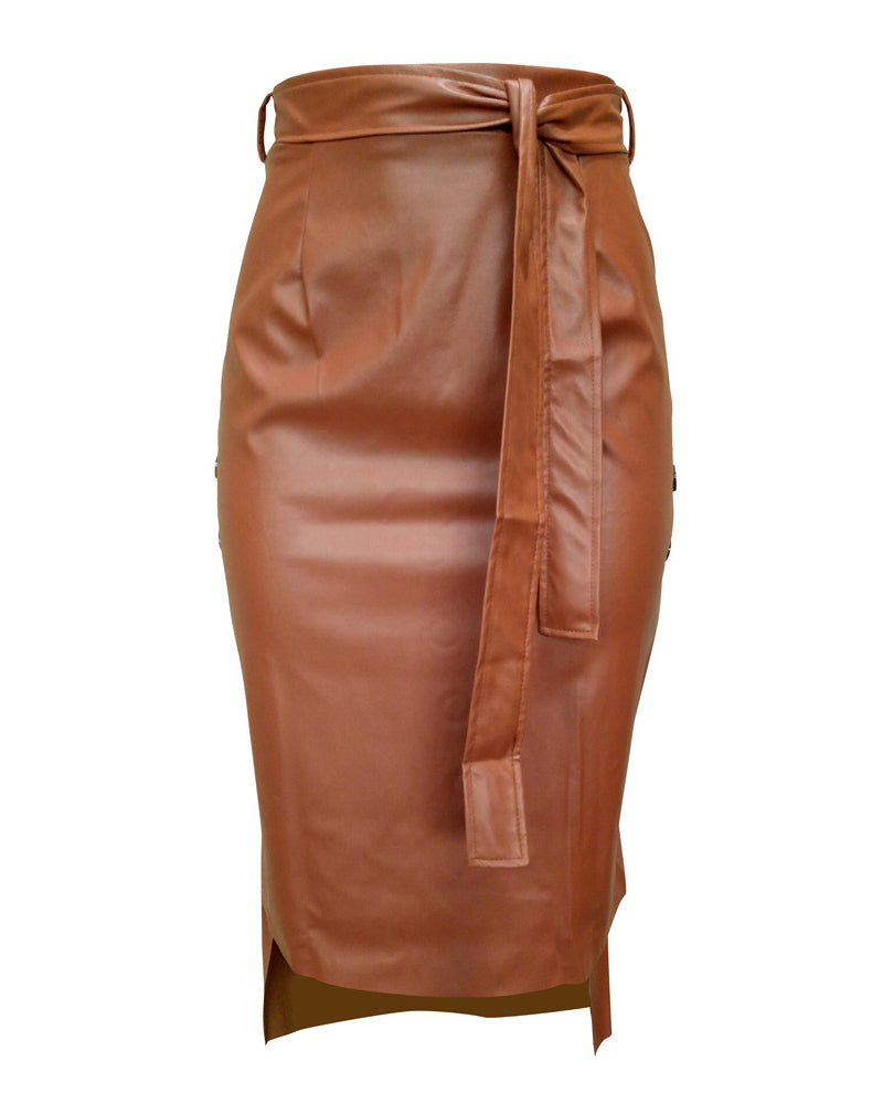 Buttoned Slit PU Leather Midi Chocolate Skirt