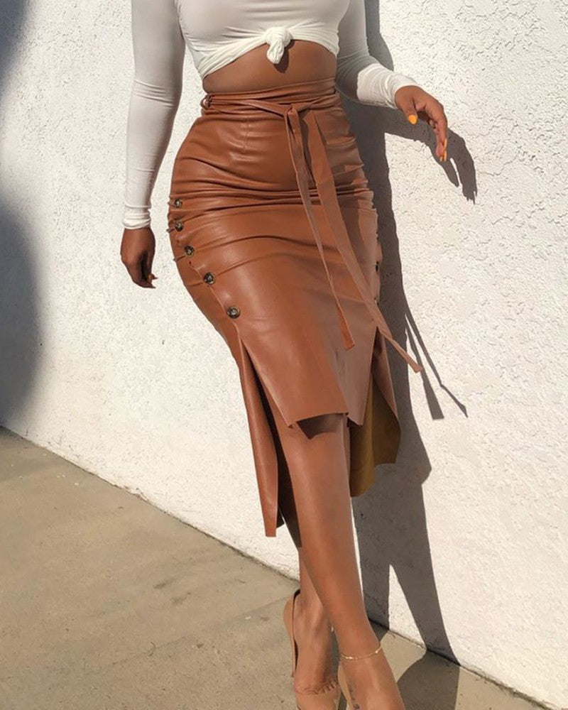 Buttoned Slit PU Leather Midi Chocolate Skirt