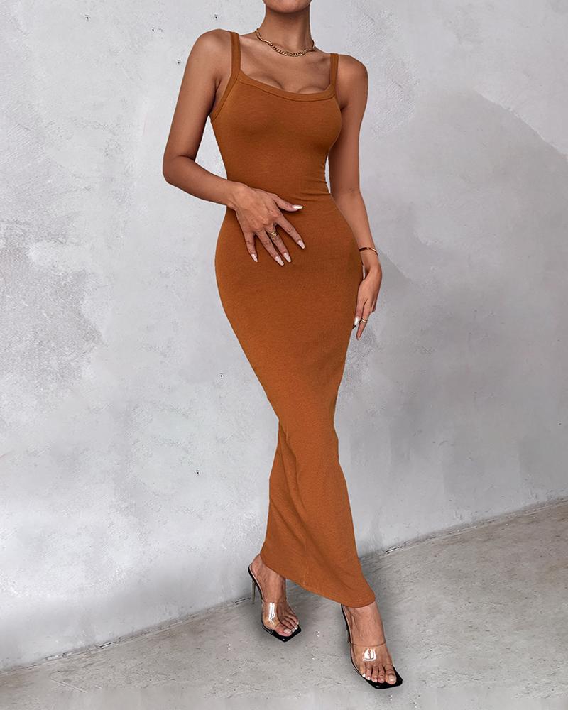 ChicMe ShapeSculpt Basic Lounge Slip U Neck Long Dress Elegant Sleeveless Ribbed Bodycon Maxi Dresses