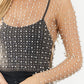 Apricot Pearl and Rhinestone Detail Sheer Mesh Top