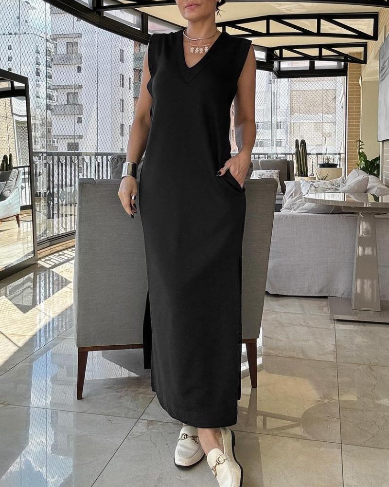 V Neck Pocket Design Slit Casual Dress