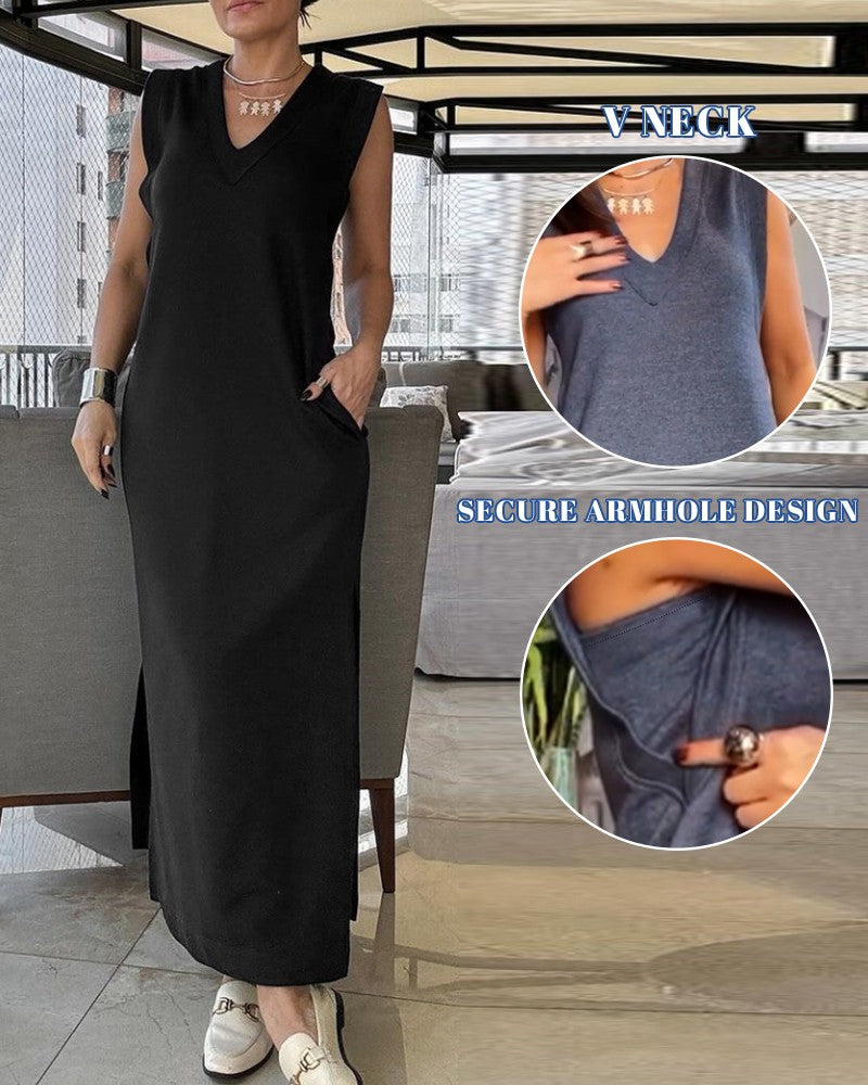 V Neck Pocket Design Slit Casual Dress