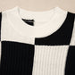 Black Checkered Color Block Crew Neck Short Sleeve Sweater