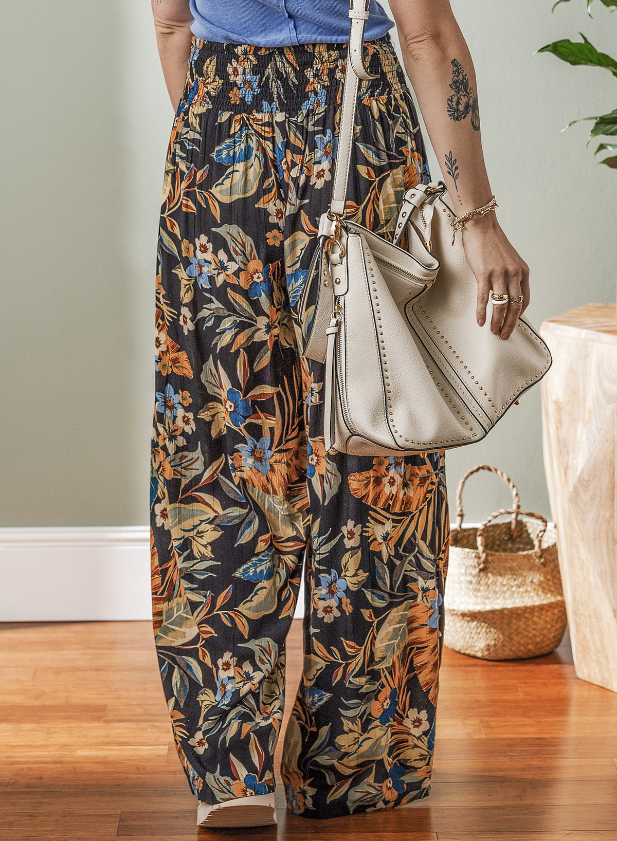 Multicolour Floral Shirred High Waist Wide Leg Pants with Tie