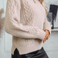 Parchment Solid Color Cable Knit High Neck Drop Shoulder Sweater