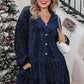 Navy Blue Plus Size Textured Velvet Tiered Button V Neck Dress