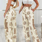 2 Pieces Bandeau Sleeveless Lace Up Top and Abstract Print Strechy Waist Pocket Design Pants Set