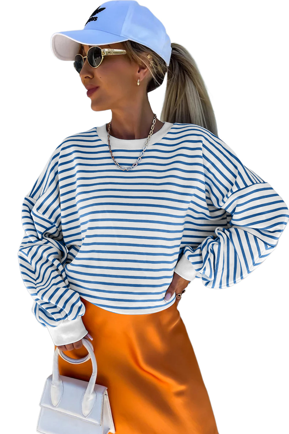 Blue Stripe Drop Shoulder Crew Neck Loose Sweatshirt