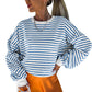 Blue Stripe Drop Shoulder Crew Neck Loose Sweatshirt