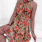 Floral Leopard Print Halter Sleeveless Ruched Cold Shoulder A Line Dress Vacation Dress