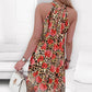 Floral Leopard Print Halter Sleeveless Ruched Cold Shoulder A Line Dress Vacation Dress