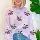 Purple Stripe Sequin Fleur de Lis Patched Pattern Long Sleeve Top