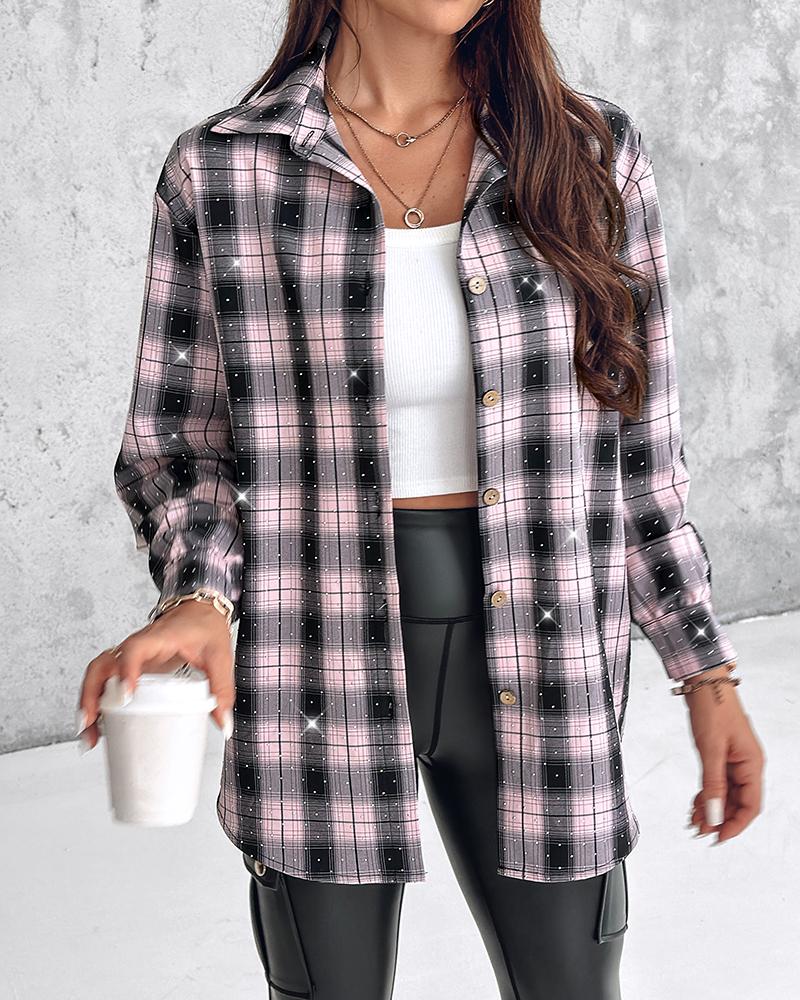 Plaid Print Rhinestone Button Down Shirt Top