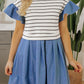 Black Stripe Ruffle Denim Patchwork Round Neck Mini Dress