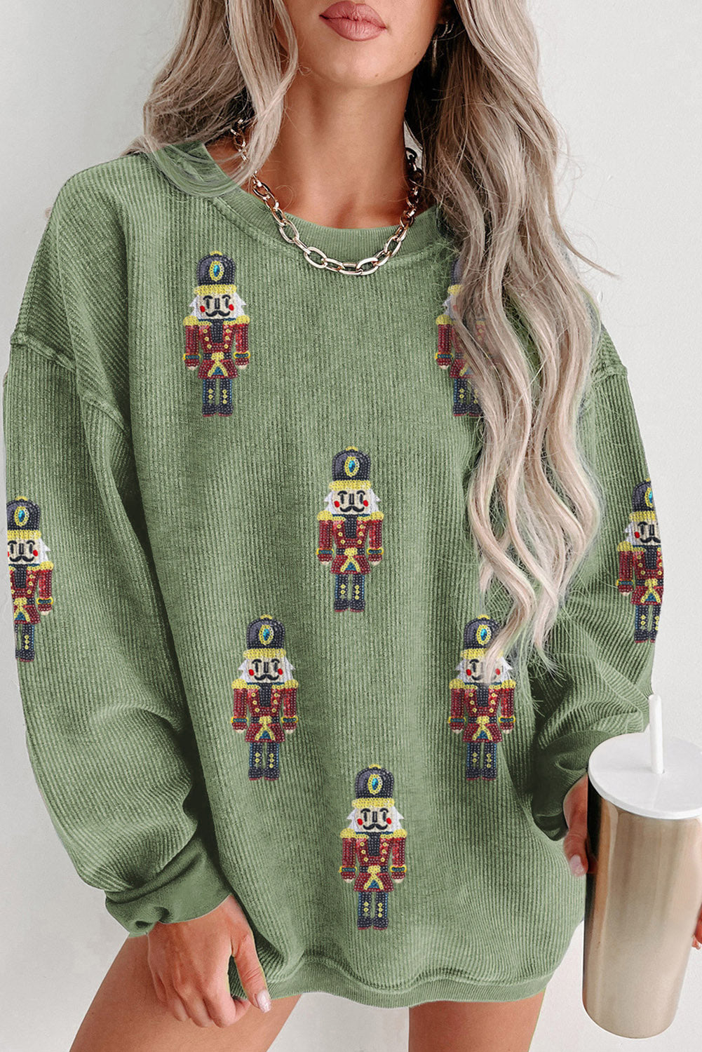 Grass Green Christmas Nutcracker Graphic Corded Pullover Sweatshirt