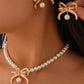 Gold Rhinestone Pearl Bow Decor Plated Necklace and Earrings Set