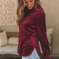 Burgundy Frilled Neck Buttoned Front Velvet Top