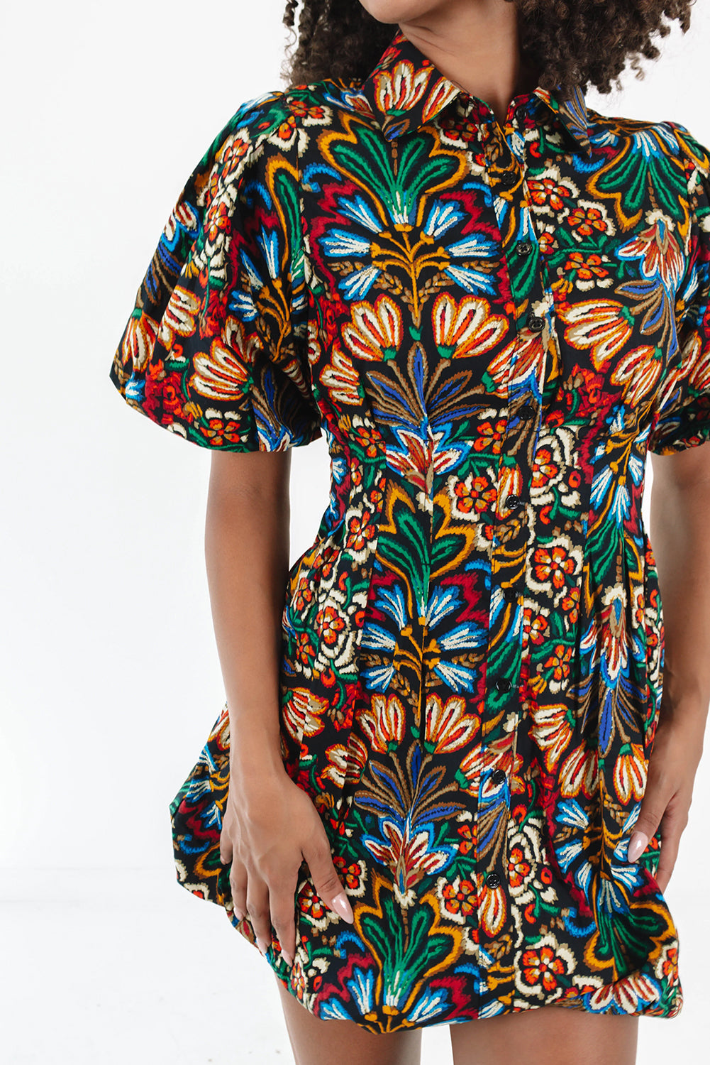 Multicolour Floral Puff Short Sleeve Shirt Mini Dress