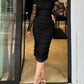 Off Shoulder Sheer Mesh Bodycon Dress Long Sleeve Ruched Midi Party Dress