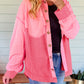 Peach Blossom Two Tone Contrast Waffle Knit Buttoned Loose Shacket