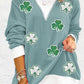 Light Blue Sequin Clover Graphic Colorblock Long Sleeve Corded Top