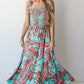 Green Abstract Print Smocked Bodice Knotted Straps Ruffled Maxi Dress